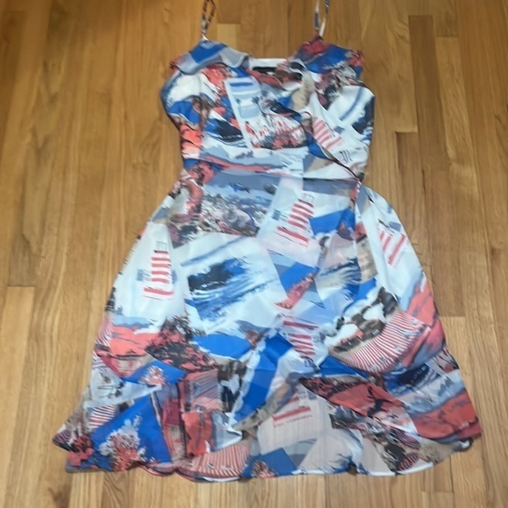 New‎ WHBM Ruffle wrap dress postcard denim blue women’s 18 NWT